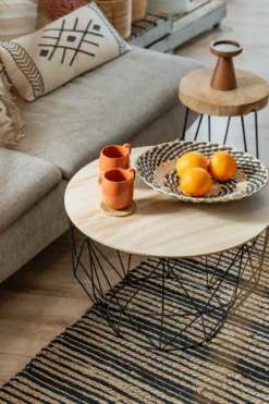Stolik kawowy okrągły w stylu loft, z drewnianym blatem