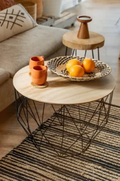 Stolik kawowy okrągły w stylu loft, z drewnianym blatem