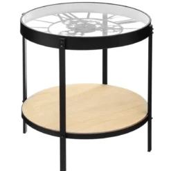 Stolik kawowy z zegarem i półką MECA, Ø 49 cm, metalowy