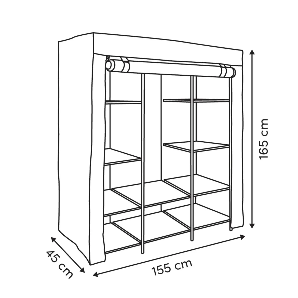 Szafa tekstylna DRESSY podwójna z 2 półkami, 155 x 45 x 165 cm
