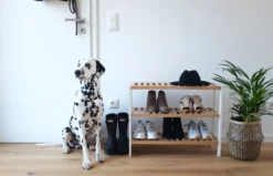 Szafka na buty, odkryty stojak z włókna bambusowego, kompaktowy mebel na obuwie.