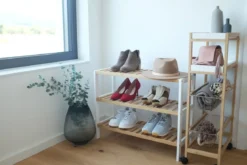Szafka na buty, odkryty stojak z włókna bambusowego, kompaktowy mebel na obuwie.