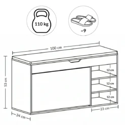 Szafka na buty z siedziskiem i wysuwanymi półkami GRADIA, 100 x 34 x 53 cm
