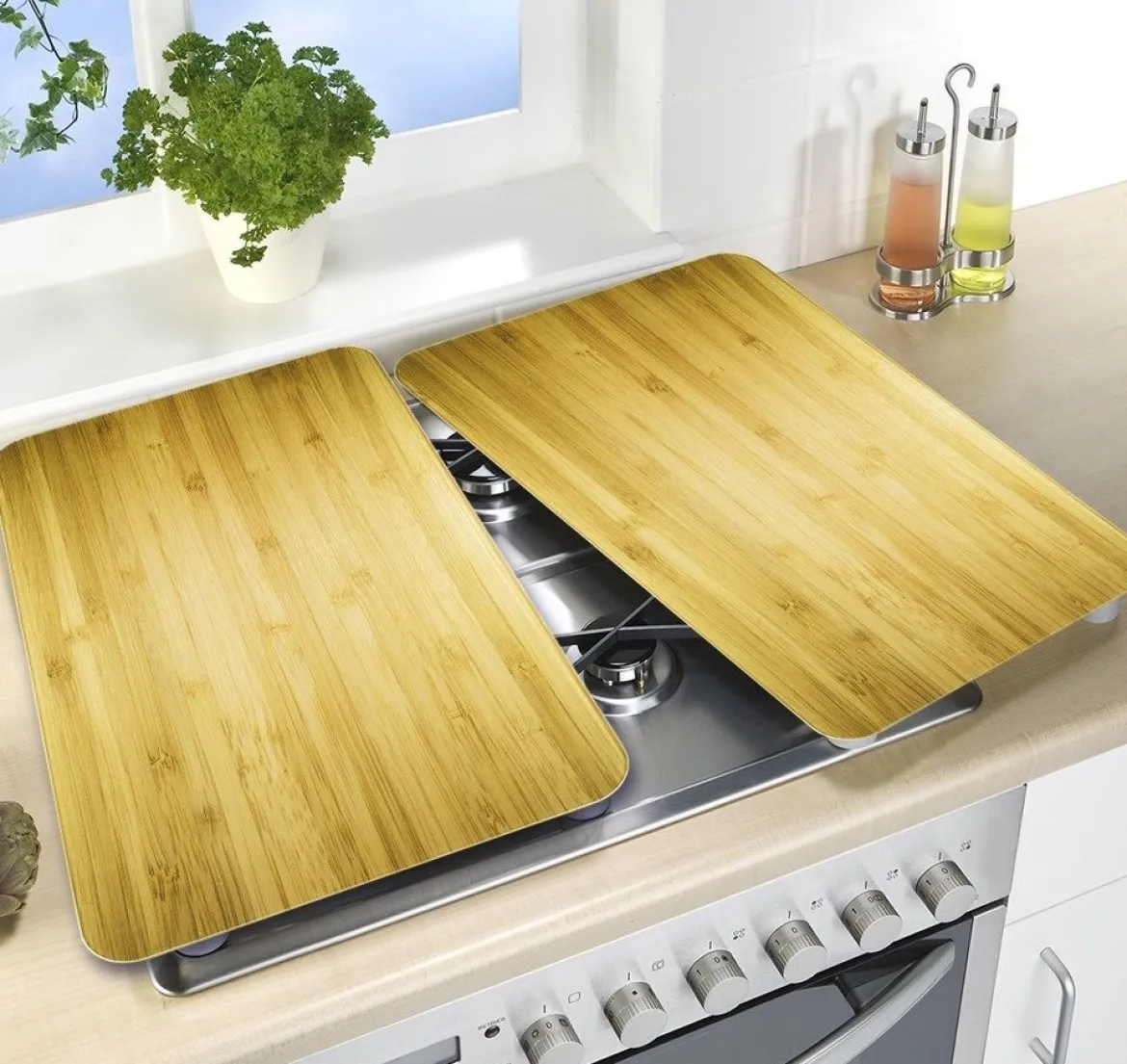 Szklane płyty ochronne WOODEN LOOK na kuchenkę – 2 sztuki, WENKO