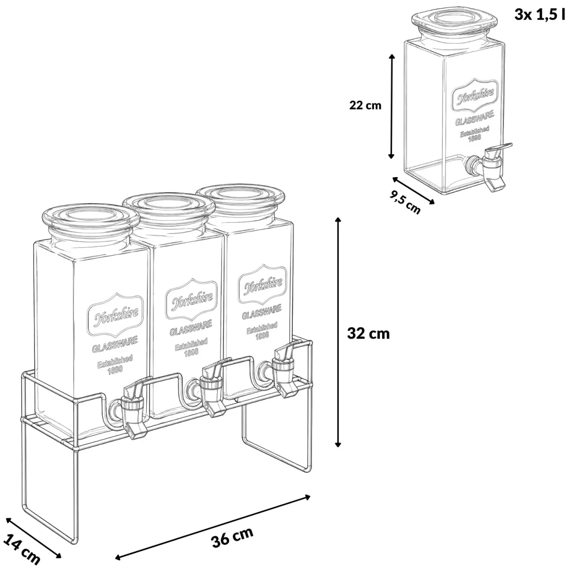Szklane słoje na napoje i lemoniadę, z kranikami, MODERN 3 x 1,5 L
