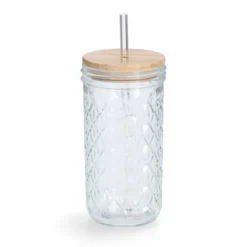 Szklanka z metalową słomką i szczelnym wieczkiem z bambusa, 580 ml