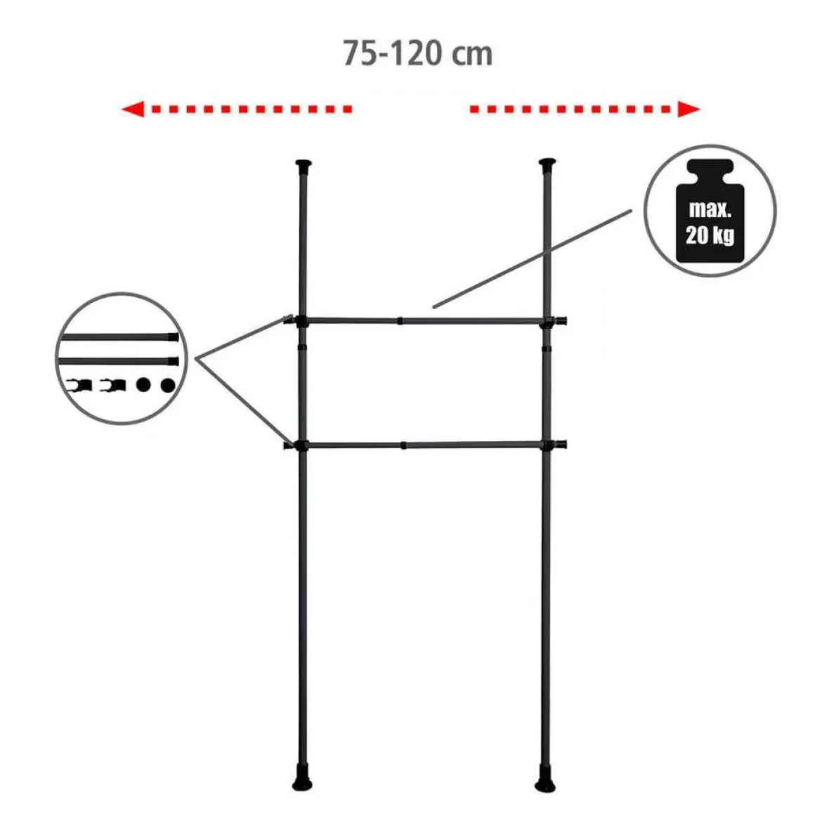 Szyna do garderoby, drążek do ubrań HERKULES 2 sztuki, 75-120cm, WENKO