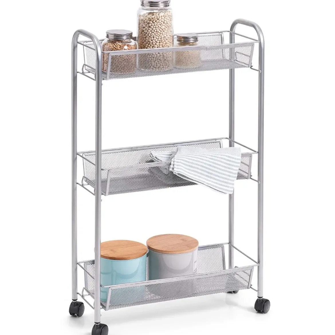 Wielofunkcyjny mobilny organizer do kuchni lub łazienki, 3 siatkowe półki, 4 kółka, materiał metal, marki ZELLER