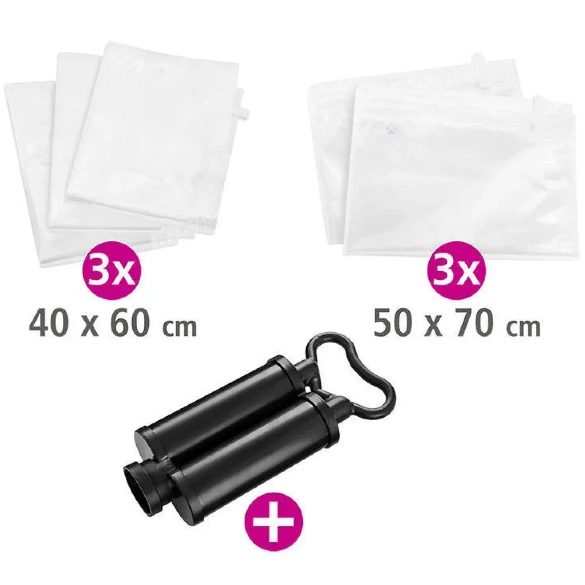 Worki próżniowe do przechowywania, zestaw plastikowych toreb + pompka - 40 x 60 cm (3 szt.), 50 x 70 cm (2 szt.), WENKO