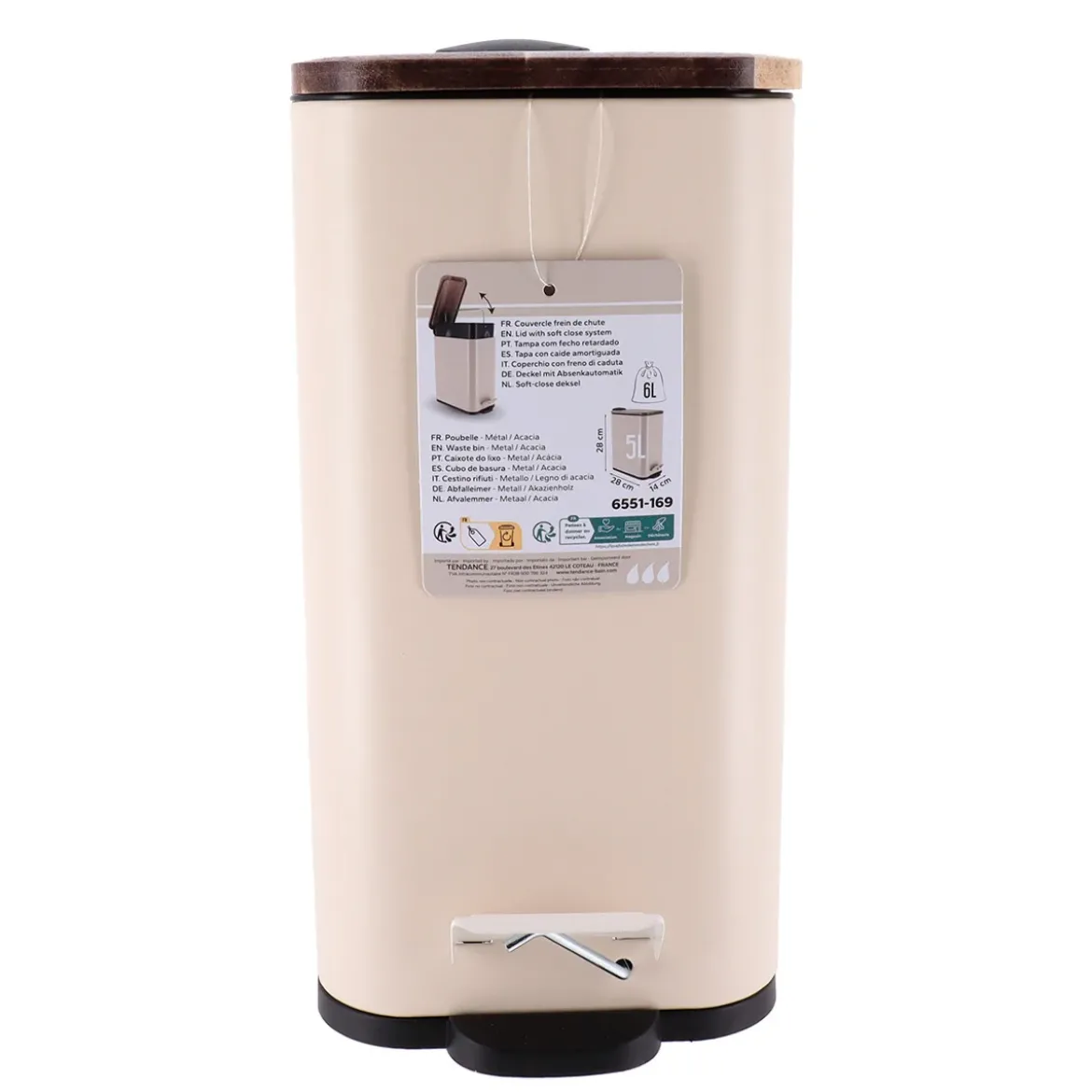 Wąski kosz do śmieci do łazienki MONO z drewnianą pokrywą, 5 l