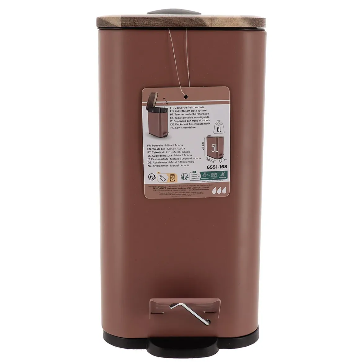 Wąski kosz do śmieci do łazienki MONO z drewnianą pokrywą, 5 l