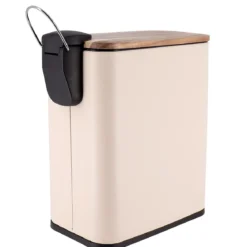 Wąski kosz do śmieci do łazienki MONO z drewnianą pokrywą, 5 l
