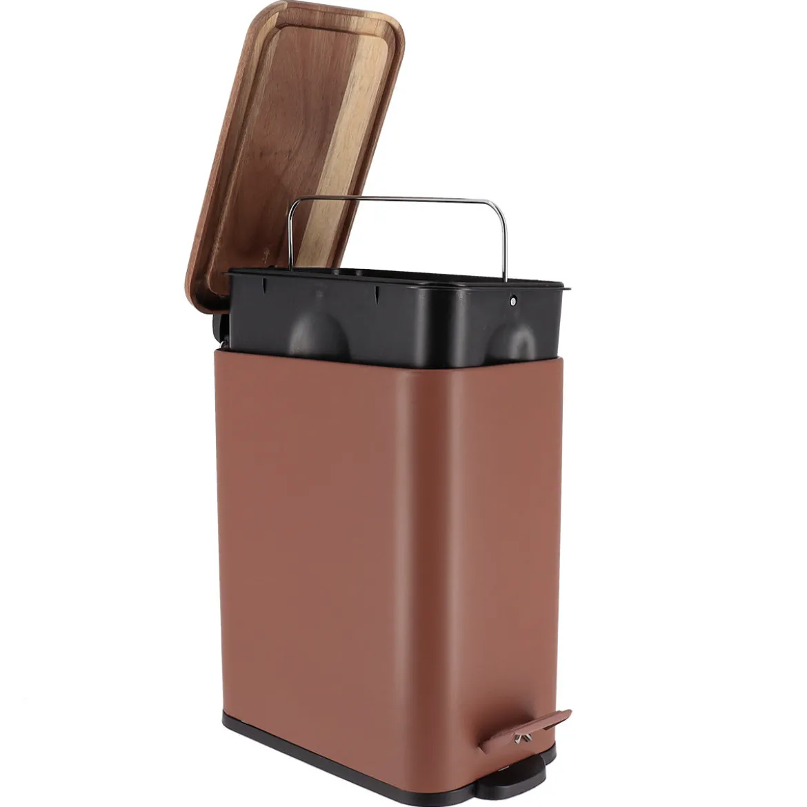 Wąski kosz do śmieci do łazienki MONO z drewnianą pokrywą, 5 l