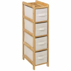 Wąski regał bambusowy TIDY z 4 materiałowymi koszami, wys. 78,5 cm