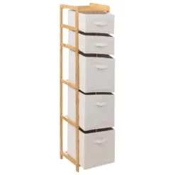 Wysoki regał bambusowy TIDY z 5 materiałowymi koszami, wys. 144,3 cm
