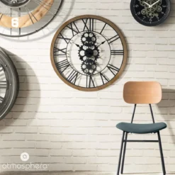 Zegar ścienny z widocznym mechanizmem, Ø 70 cm, drewniana oprawa