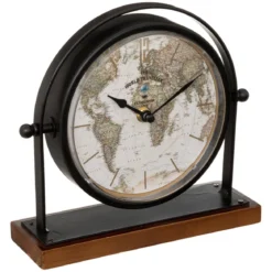 Zegarek retro na komodę Flavia, tarcza z mapą świata, wys. 20 cm