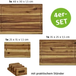 Zestaw 3 desek do krojenia ze stojakiem, drewno akacji