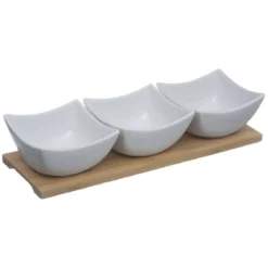 Zestaw do dipów, porcelanowe miseczki na bambusowej tacy