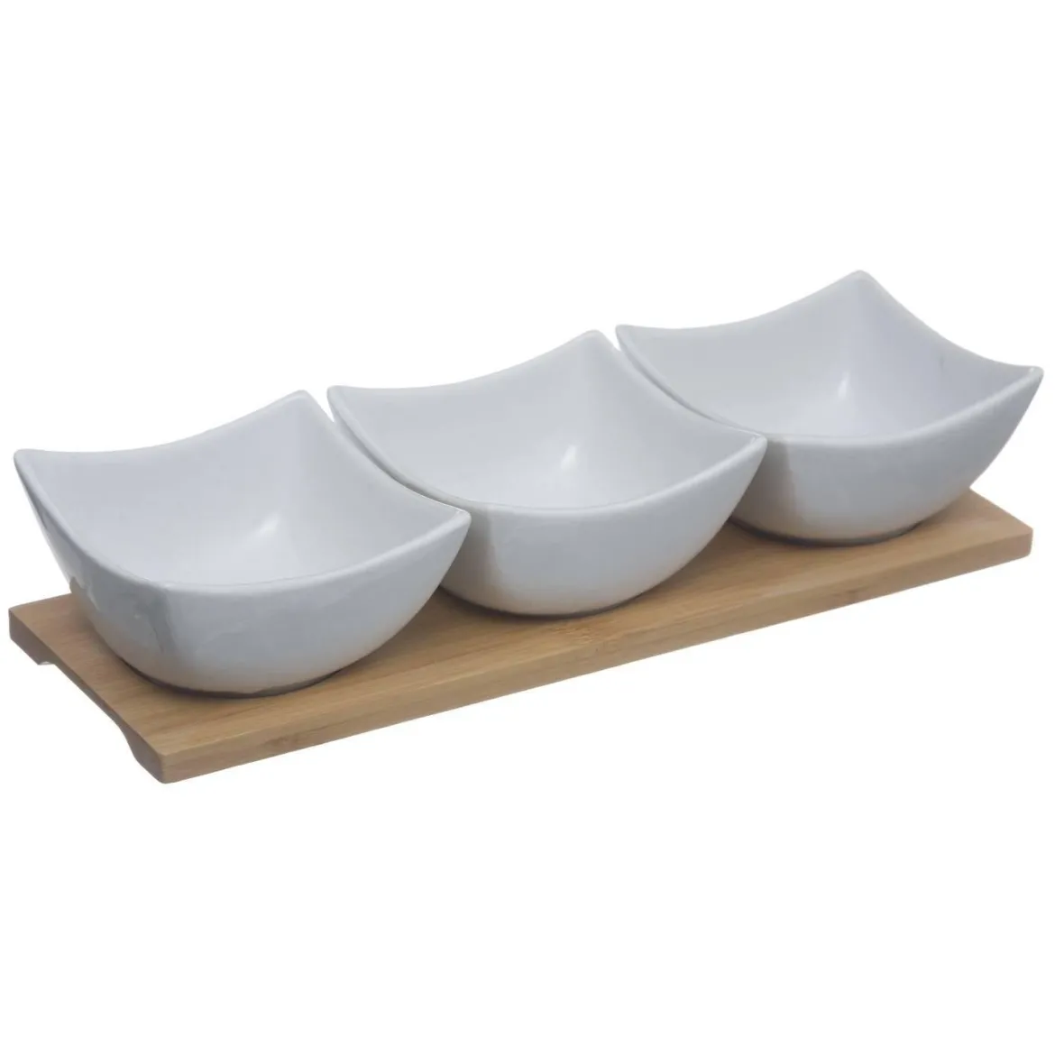 Zestaw do dipów, porcelanowe miseczki na bambusowej tacy