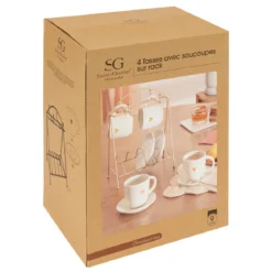 Zestaw do kawy: 4 porcelanowe kubki i spodki, na stojaku FLORAL, 170 ml