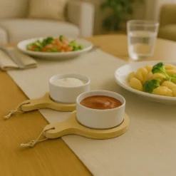 Zestaw do przekąsek, dressingów i przystawek - 2 okrągłe porcelanowe miseczki na tackach