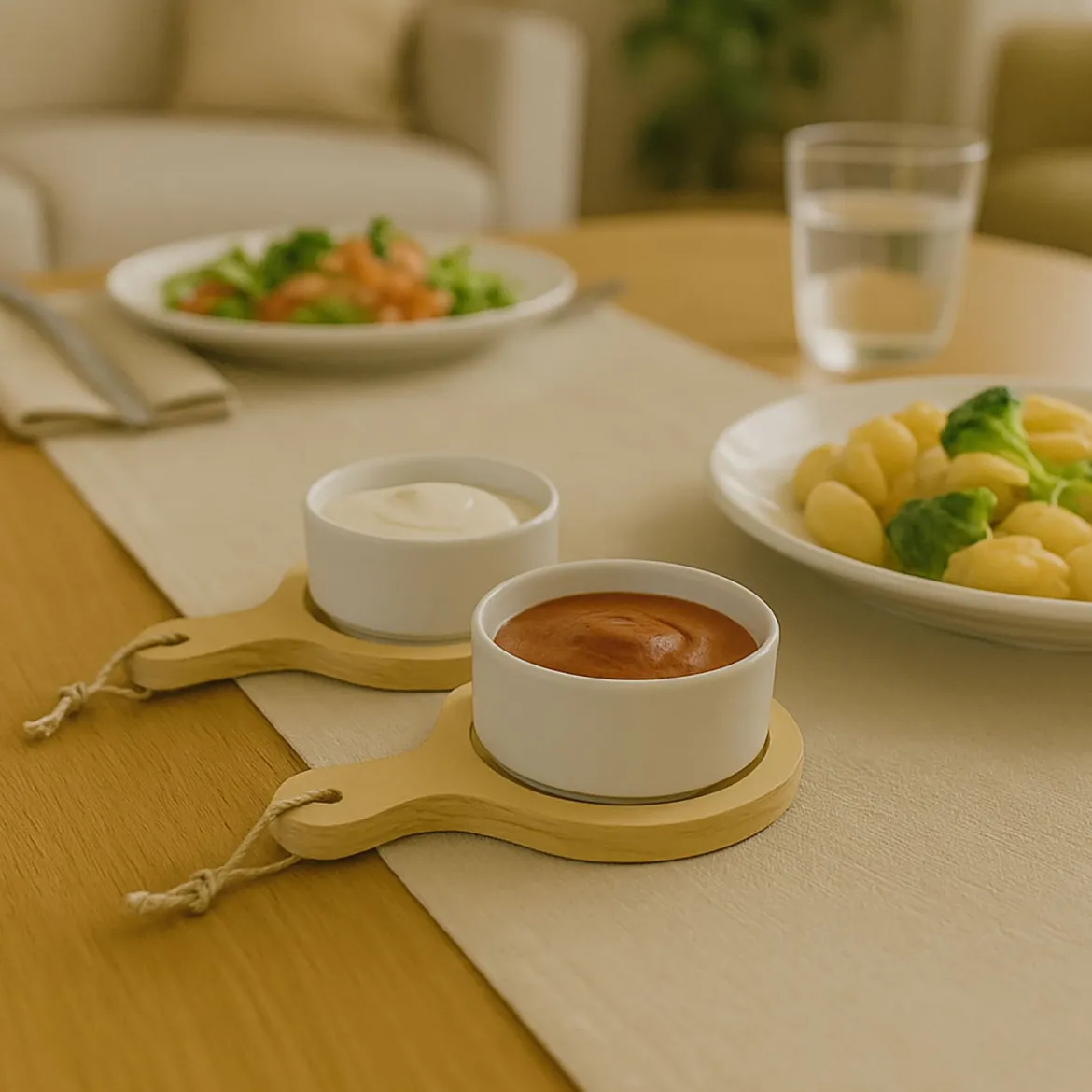 Zestaw do przekąsek, dressingów i przystawek - 2 okrągłe porcelanowe miseczki na tackach