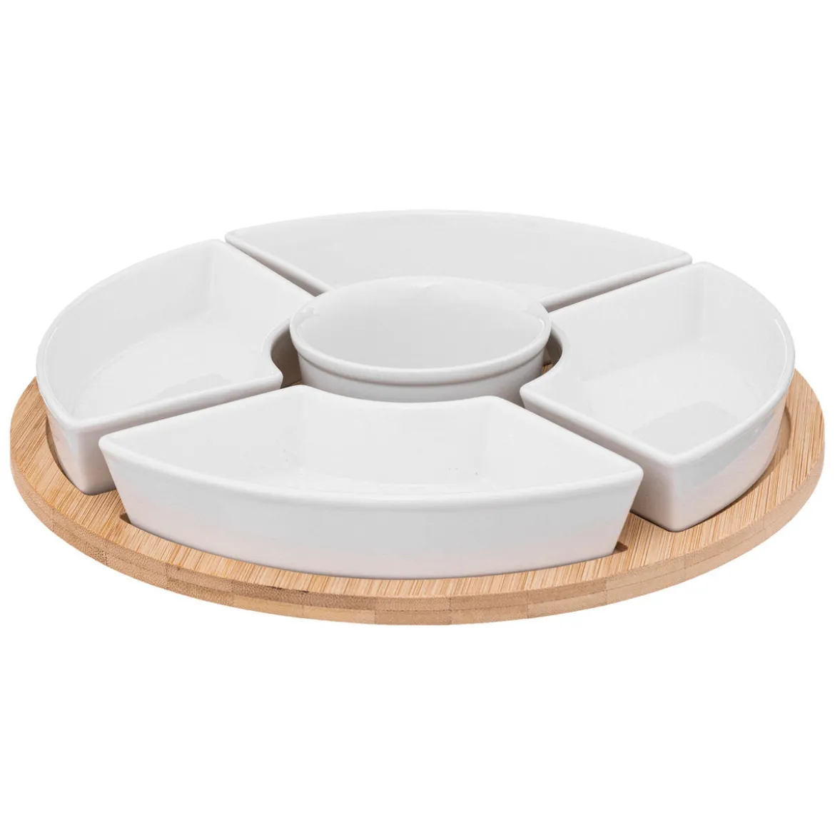 Zestaw do przekąsek: 5 porcelanowych miseczek + bambusowa taca