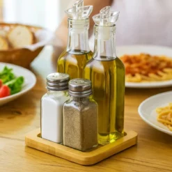 Zestaw do przypraw i oleju z drewnianą podstawą, 4 elementy