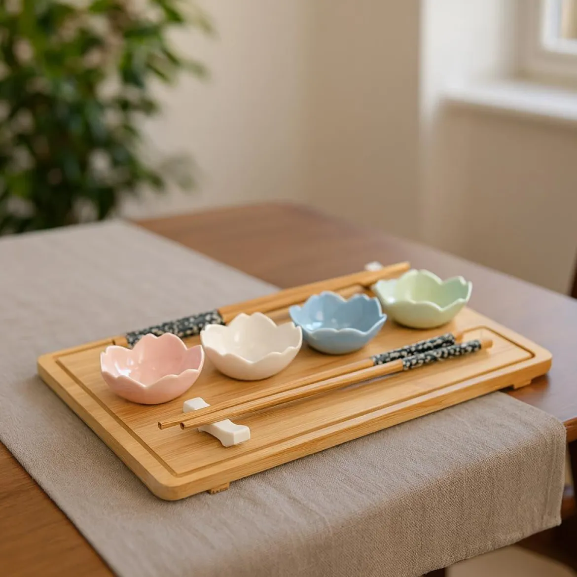 Zestaw do serwowania sushi z 4 porcelanowymi miseczkami