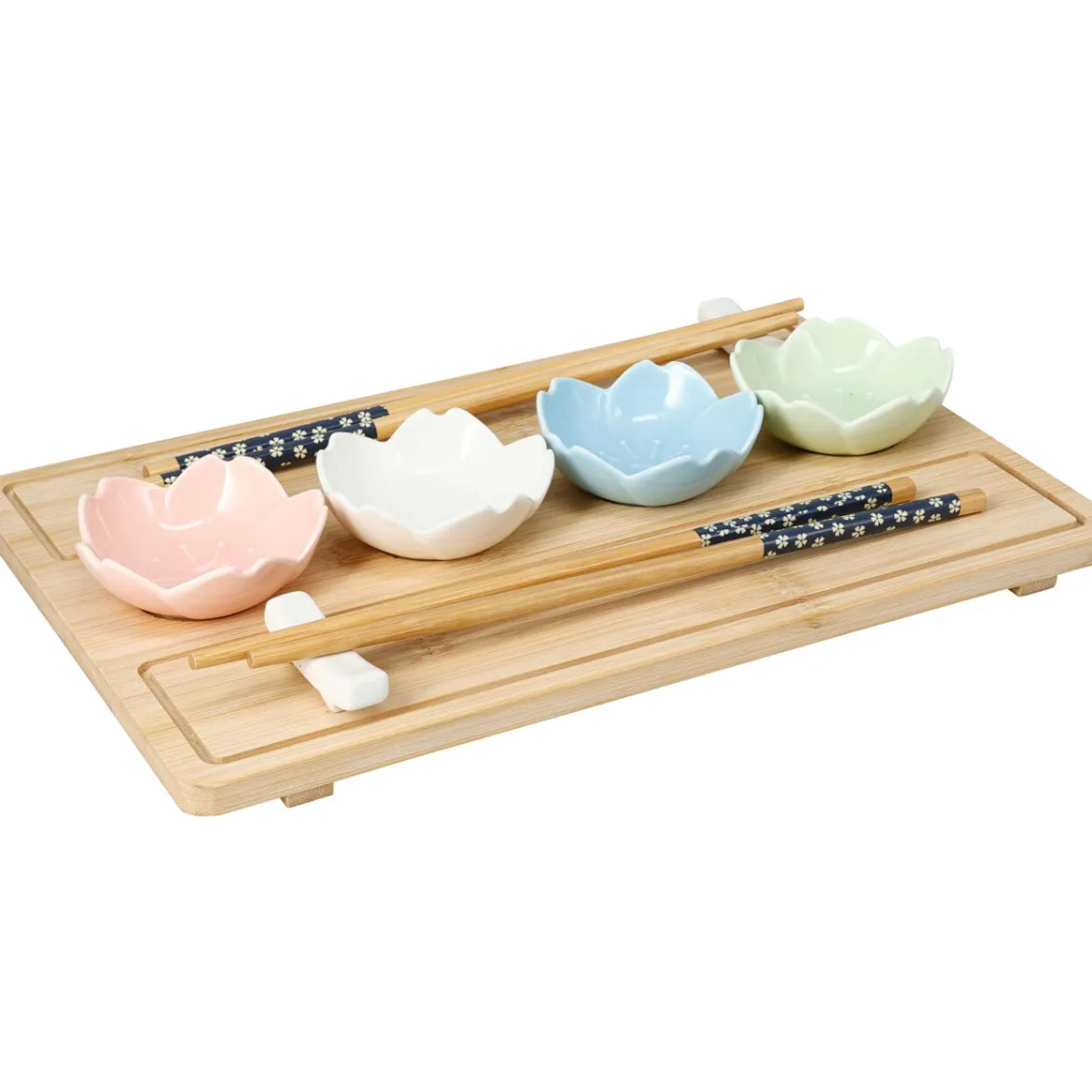 Zestaw do serwowania sushi z 4 porcelanowymi miseczkami