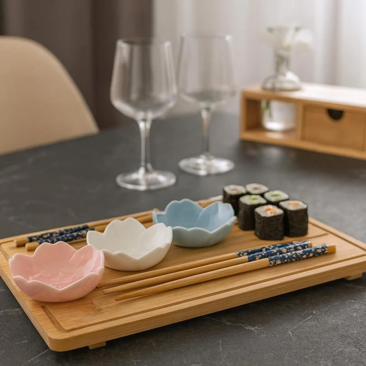Zestaw do serwowania sushi z 4 porcelanowymi miseczkami
