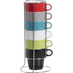 Zestaw 6 kolorowych filiżanek do cappuccino + metalowy stojak