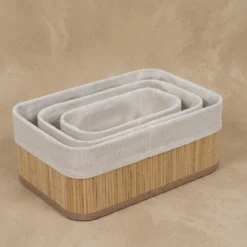 Zestaw 3 koszyków bambusowych z wkładem materiałowym, 30 x 20 x 13 cm