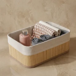 Zestaw 3 koszyków bambusowych z wkładem materiałowym, 30 x 20 x 13 cm