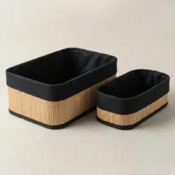 Zestaw 3 koszyków bambusowych z wkładem materiałowym, 30 x 20 x 13 cm