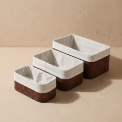 Zestaw 3 koszyków bambusowych z wkładem materiałowym, 30 x 20 x 13 cm