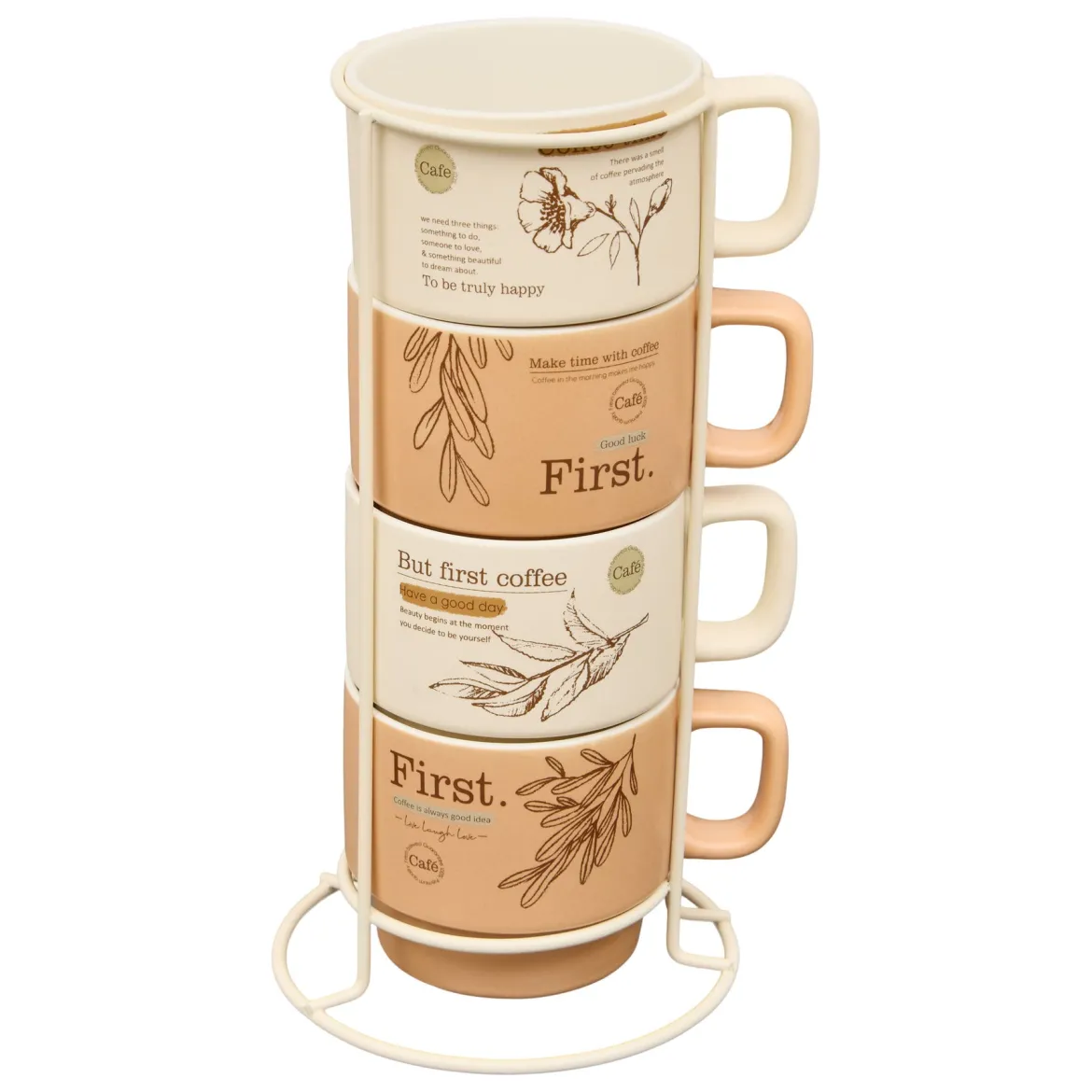 Zestaw 4 kubków WELLNESS na stojaku, porcelana, 220 ml