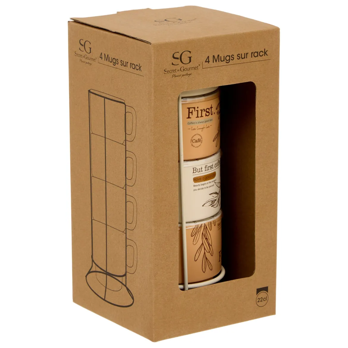 Zestaw 4 kubków WELLNESS na stojaku, porcelana, 220 ml