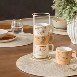 Zestaw 4 kubków WELLNESS na stojaku, porcelana, 220 ml