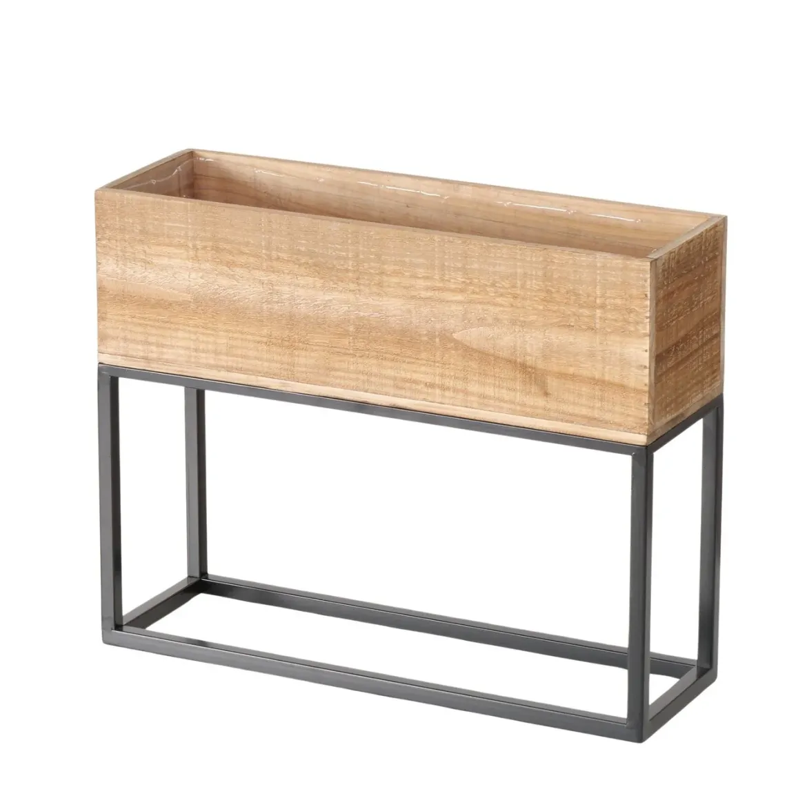 Zestaw metalowych kwietników z drewnianą skrzynią ANETA, wys. 40-59,5 cm