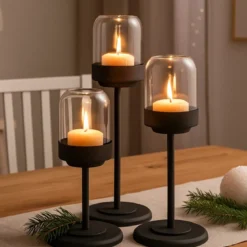 Zestaw metalowych lampionów ze szklaną kopułą SENZA, 3 szt