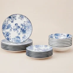 Zestaw ozdobnych talerzy z nadrukiem kwiatowym GLAMT, 18 sztuk, porcelanowych