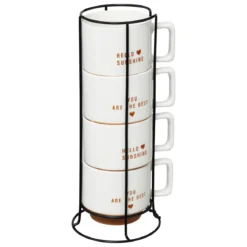 Zestaw 4 porcelanowych kubków HELLO na metalowym stojaku, 4 x 300 ml