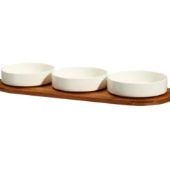 Zestaw porcelanowych miseczek do serwowania przekąsek APERIO, 3 x 390 ml, bambusowa taca