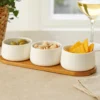 Zestaw porcelanowych miseczek na dipy APERIO, 3 x 200 ml, bambusowa taca