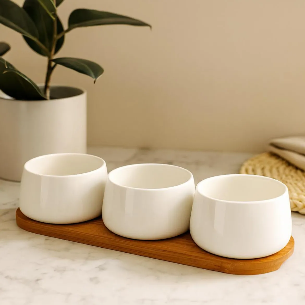 Zestaw porcelanowych miseczek na dipy APERIO, 3 x 200 ml, bambusowa taca