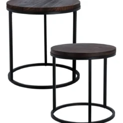 Zestaw stolików kawowych z blatem z drewna paulownia, metalowy stelaż, 2 sztuki, Ø 43 cm, Ø 38 cm